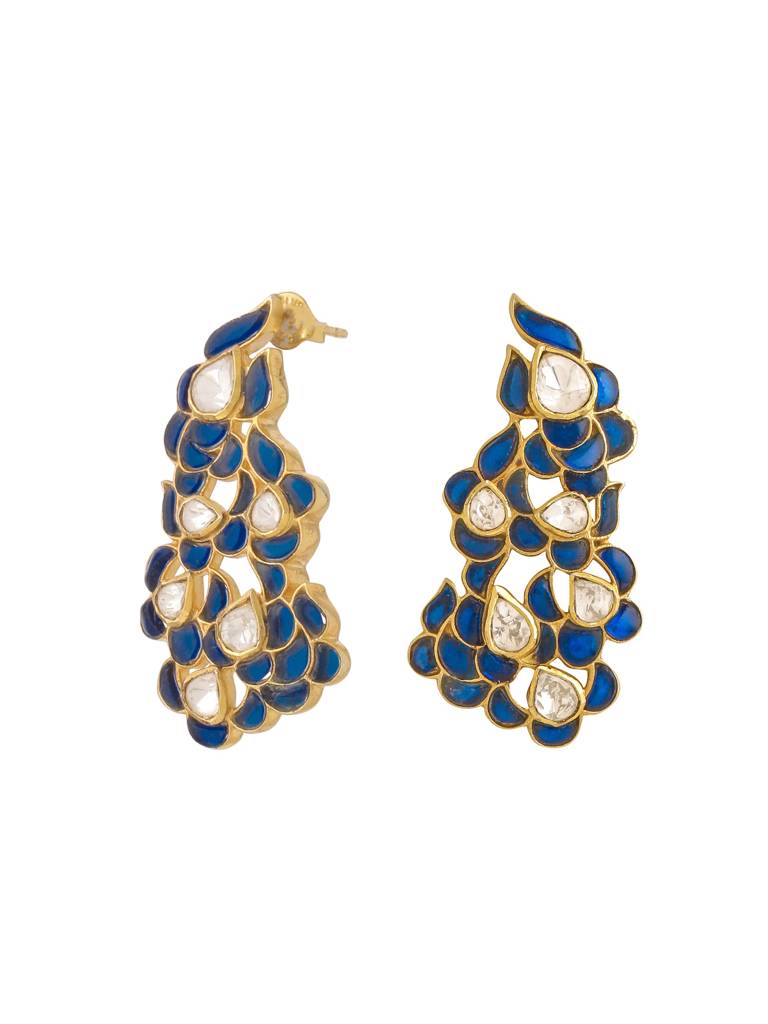 Kicky And Perky 925 Sterling Silver Gold Plated Blue Talphe, Moissanite Polki Earring For Women : SILWE015