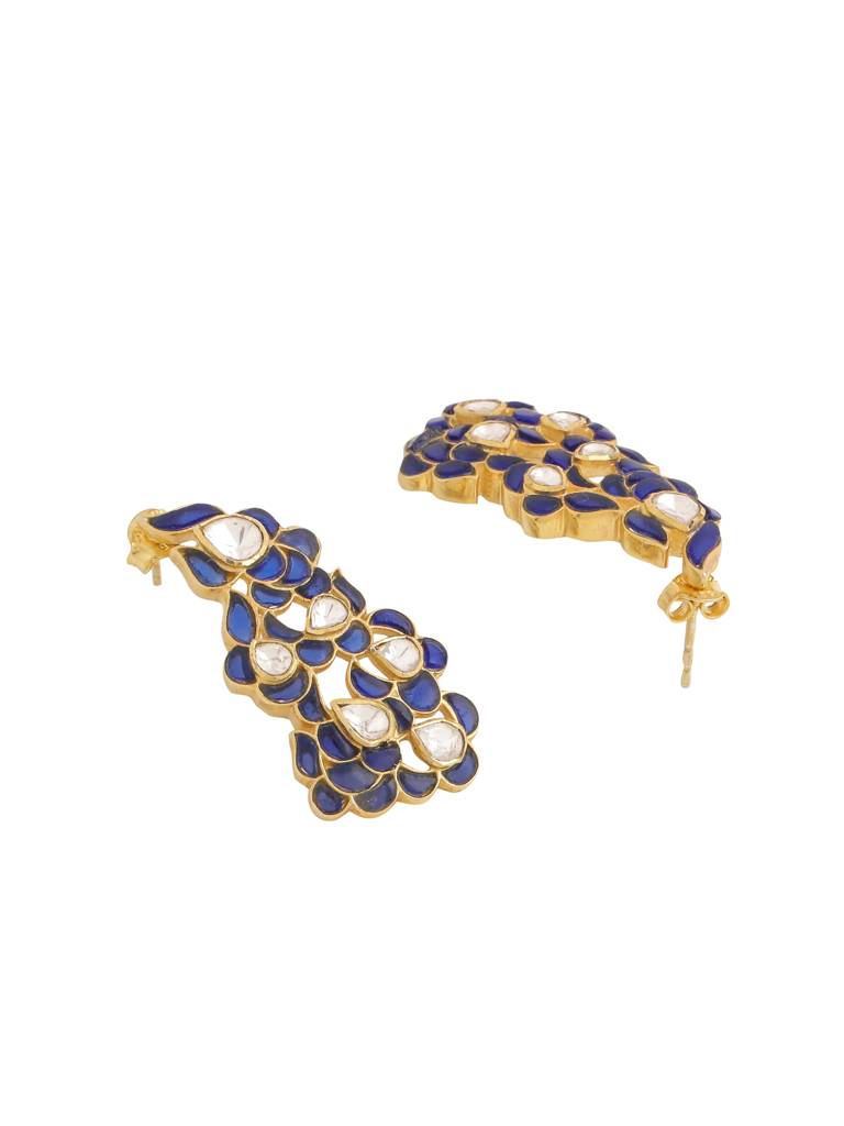 Kicky And Perky 925 Sterling Silver Gold Plated Blue Talphe, Moissanite Polki Earring For Women : SILWE015