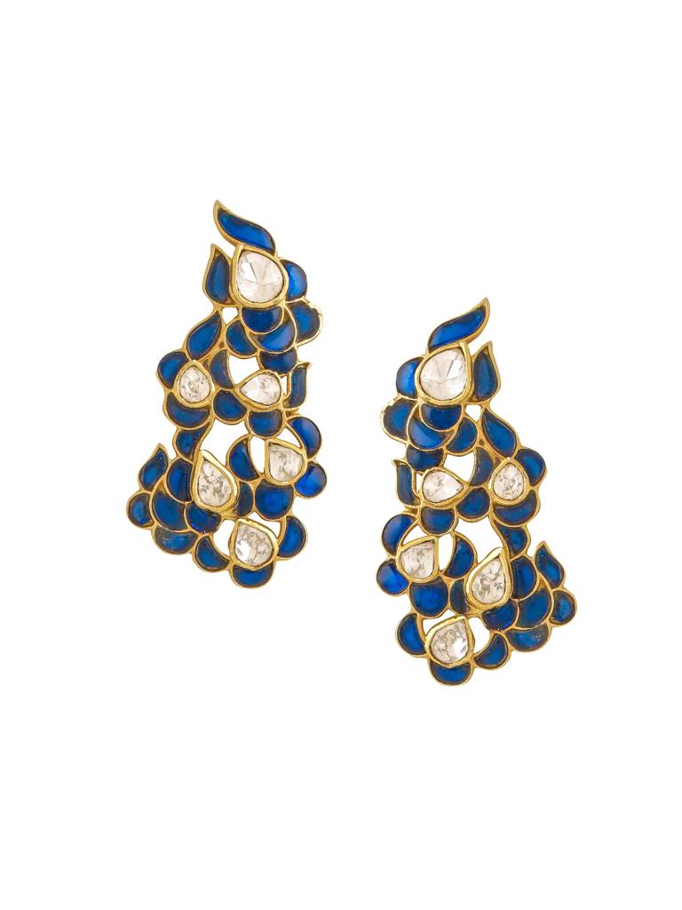 Kicky And Perky 925 Sterling Silver Gold Plated Blue Talphe, Moissanite Polki Earring For Women : SILWE015