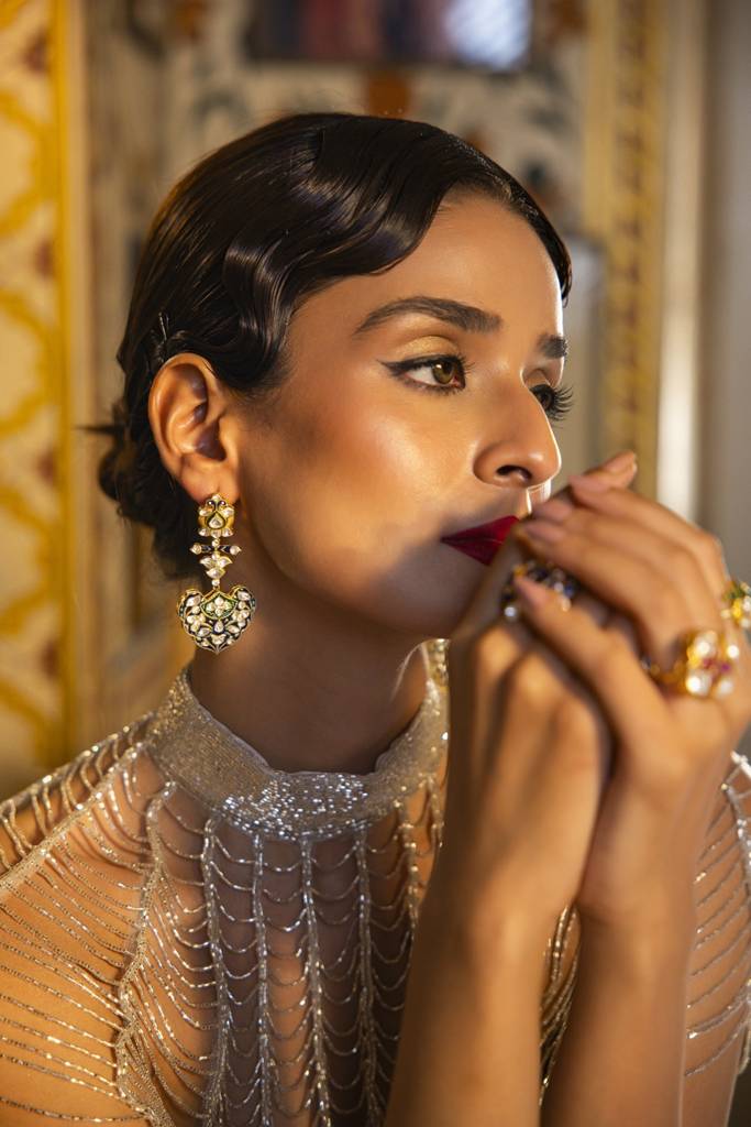 Kicky And Perky 925 Sterling Silver Gold Plated Blue, Green Enamel And Moissanite Polki Earring For Women : SILWE016