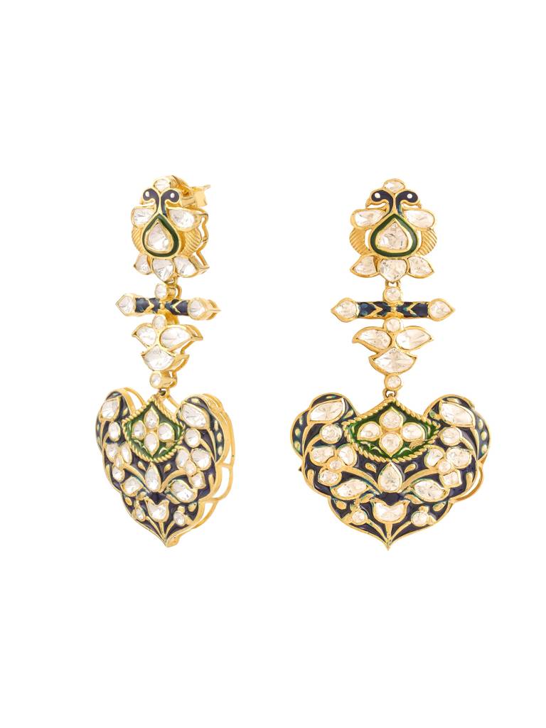 Kicky And Perky 925 Sterling Silver Gold Plated Blue, Green Enamel And Moissanite Polki Earring For Women : SILWE016