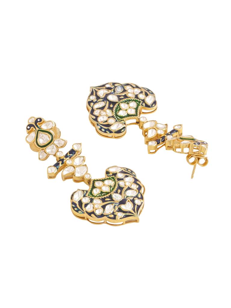 Kicky And Perky 925 Sterling Silver Gold Plated Blue, Green Enamel And Moissanite Polki Earring For Women : SILWE016