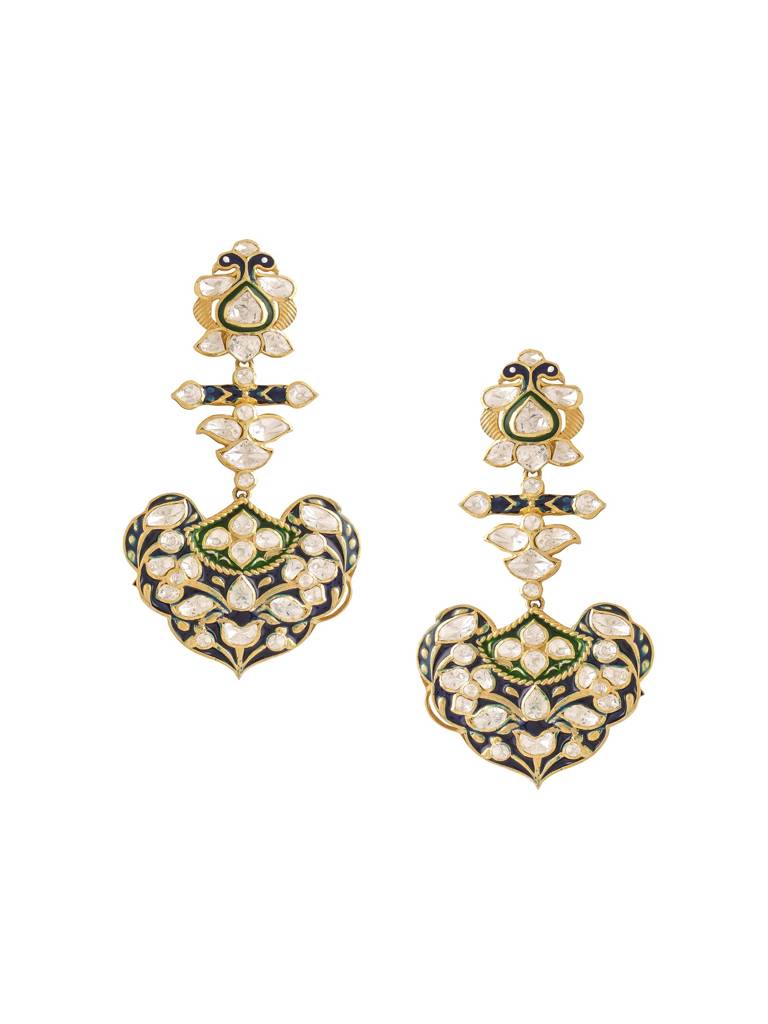 Kicky And Perky 925 Sterling Silver Gold Plated Blue, Green Enamel And Moissanite Polki Earring For Women : SILWE016