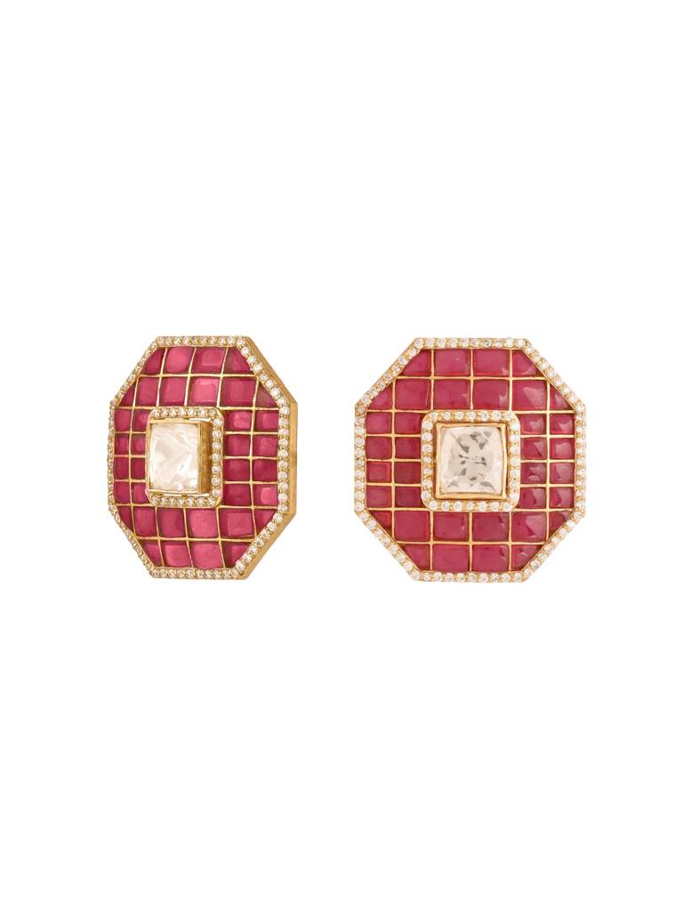 Kicky And Perky 925 Sterling Silver Gold Plated Red Talphe, Moissanite Polki And Moissanite Stud Earring For W : SILWE017