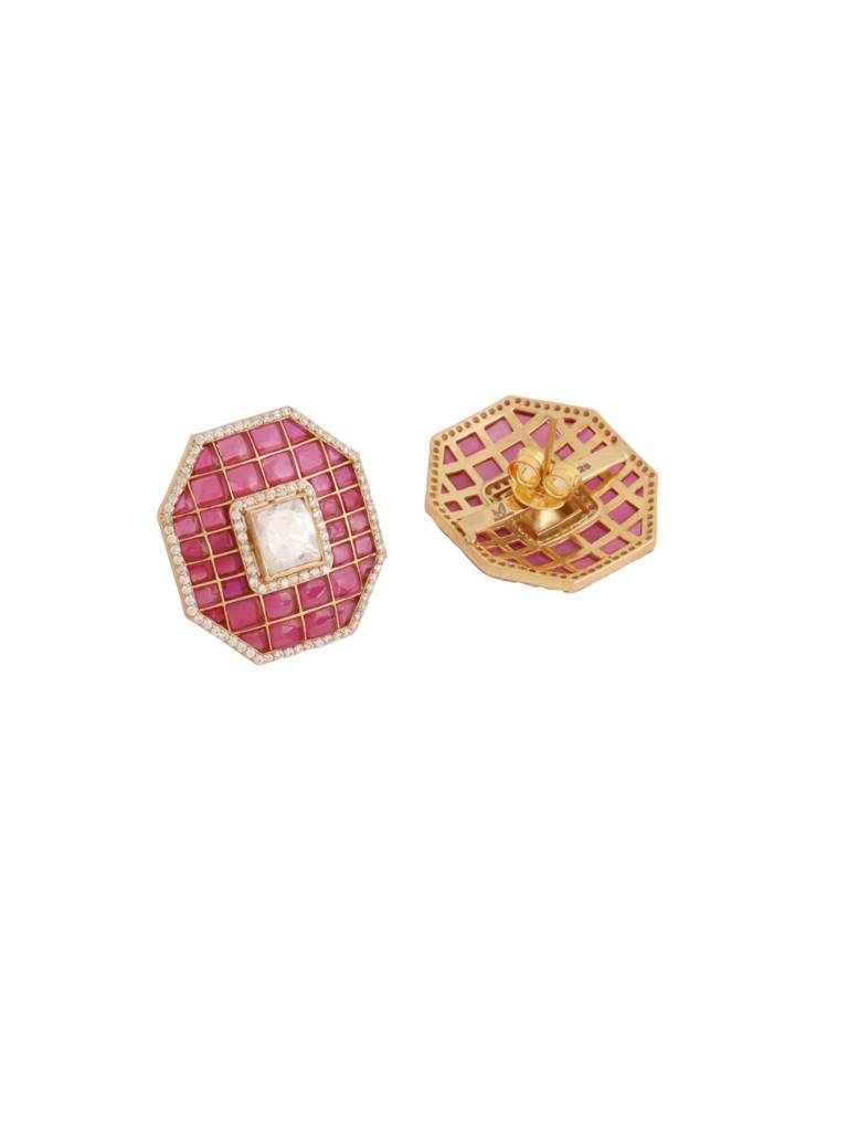Kicky And Perky 925 Sterling Silver Gold Plated Red Talphe, Moissanite Polki And Moissanite Stud Earring For W : SILWE017