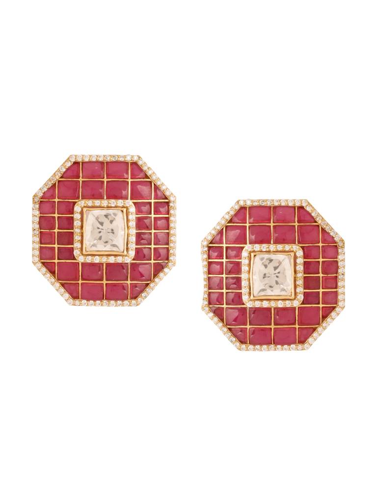 Kicky And Perky 925 Sterling Silver Gold Plated Red Talphe, Moissanite Polki And Moissanite Stud Earring For W : SILWE017