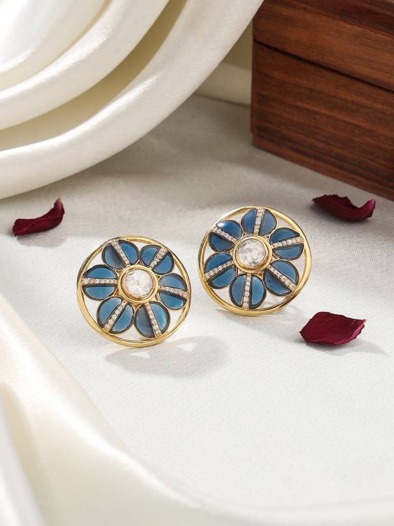 Kicky And Perky 925 Sterling Silver Gold Plated Blue Talphe, Moissanite Polki, Moissanite Floral Stud Earring  : SILWE018