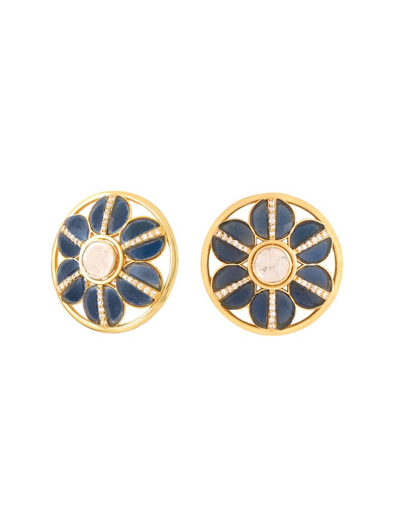Kicky And Perky 925 Sterling Silver Gold Plated Blue Talphe, Moissanite Polki, Moissanite Floral Stud Earring  : SILWE018