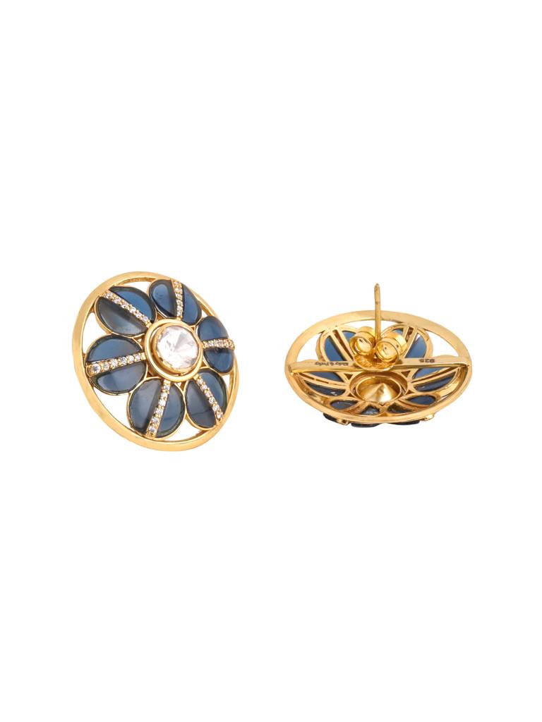 Kicky And Perky 925 Sterling Silver Gold Plated Blue Talphe, Moissanite Polki, Moissanite Floral Stud Earring  : SILWE018