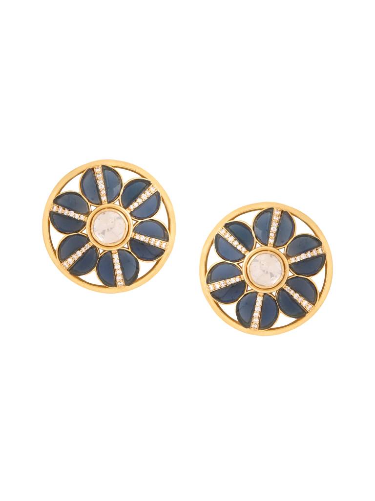 Kicky And Perky 925 Sterling Silver Gold Plated Blue Talphe, Moissanite Polki, Moissanite Floral Stud Earring  : SILWE018
