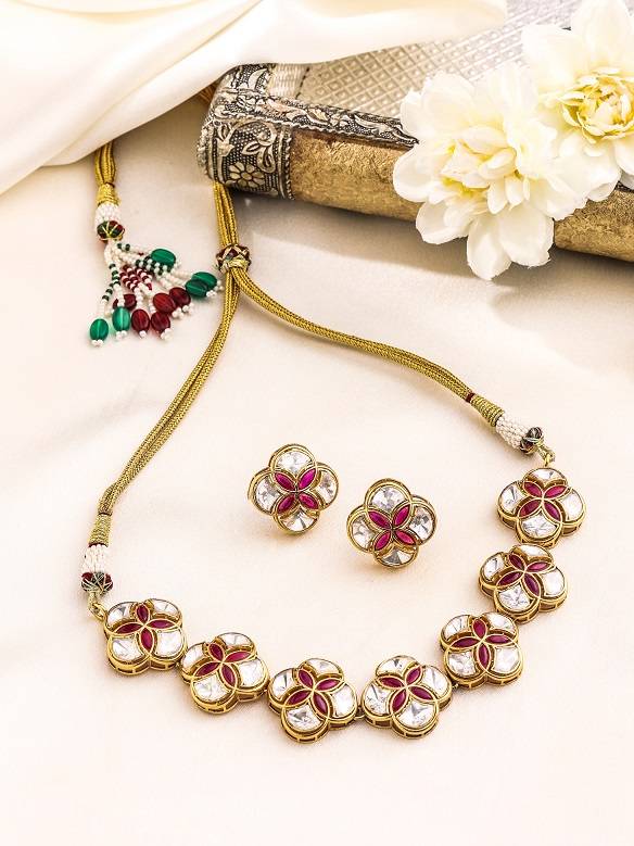 Kicky And Perky 925 Sterling Silver Gold Plated Moissanite Polki Floral Mughal Necklace Set For Women : SILWNS001