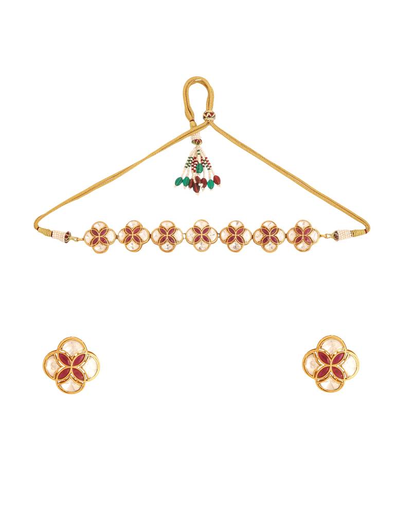 Kicky And Perky 925 Sterling Silver Gold Plated Moissanite Polki Floral Mughal Necklace Set For Women : SILWNS001