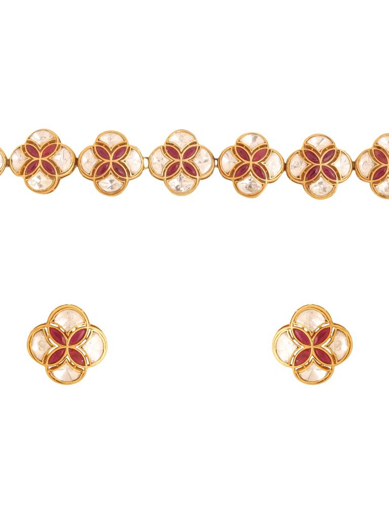 Kicky And Perky 925 Sterling Silver Gold Plated Moissanite Polki Floral Mughal Necklace Set For Women : SILWNS001