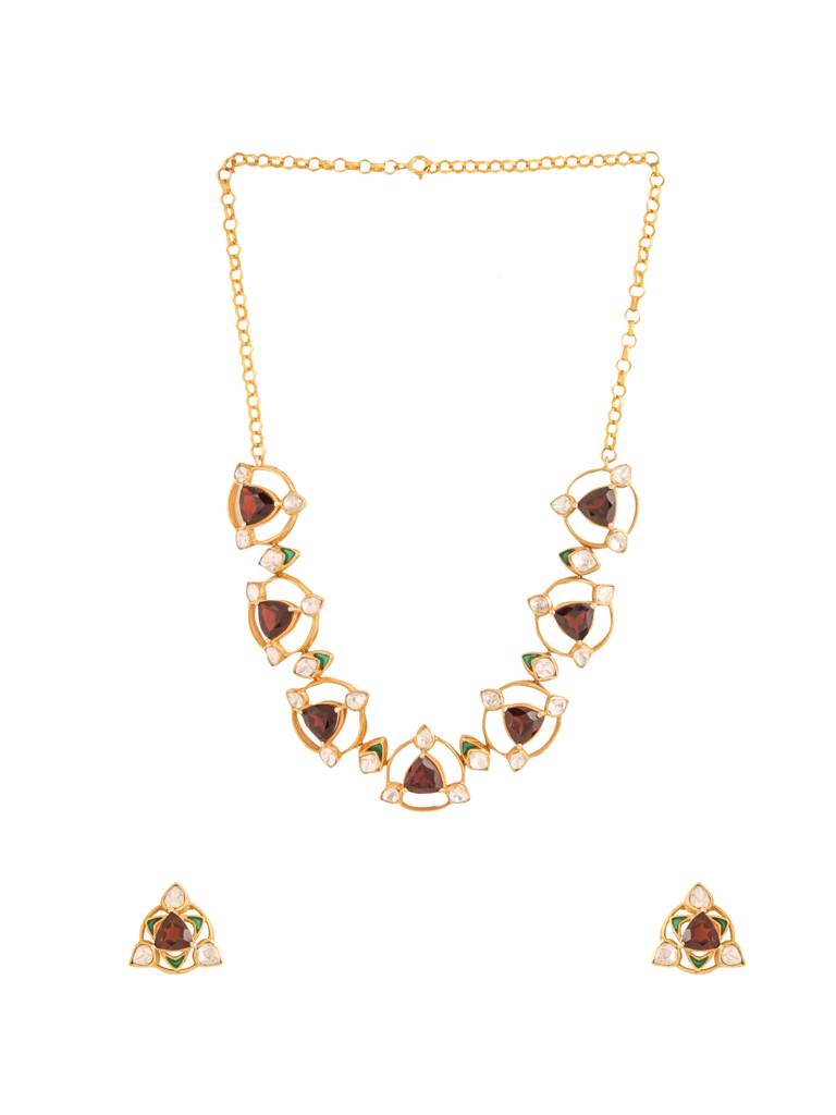 Kicky And Perky 925 Sterling Silver Gold Plated Garnet And Moissanite Polki Royal Mughal Necklace Set For Wome : SILWNS002