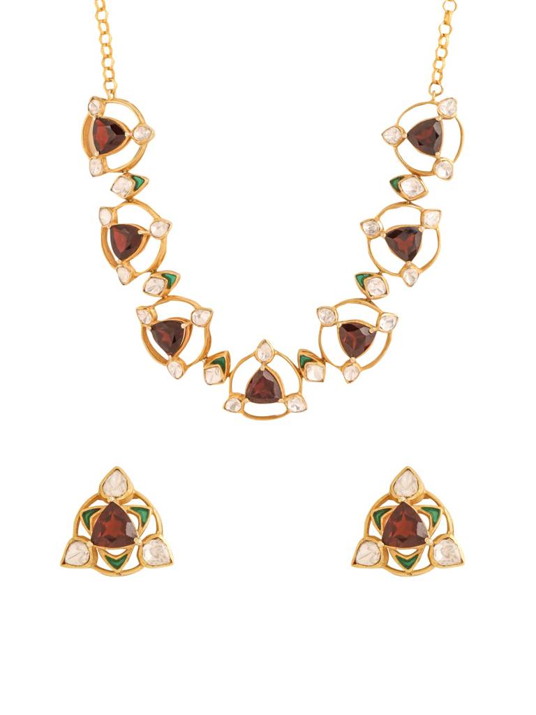 Kicky And Perky 925 Sterling Silver Gold Plated Garnet And Moissanite Polki Royal Mughal Necklace Set For Wome : SILWNS002