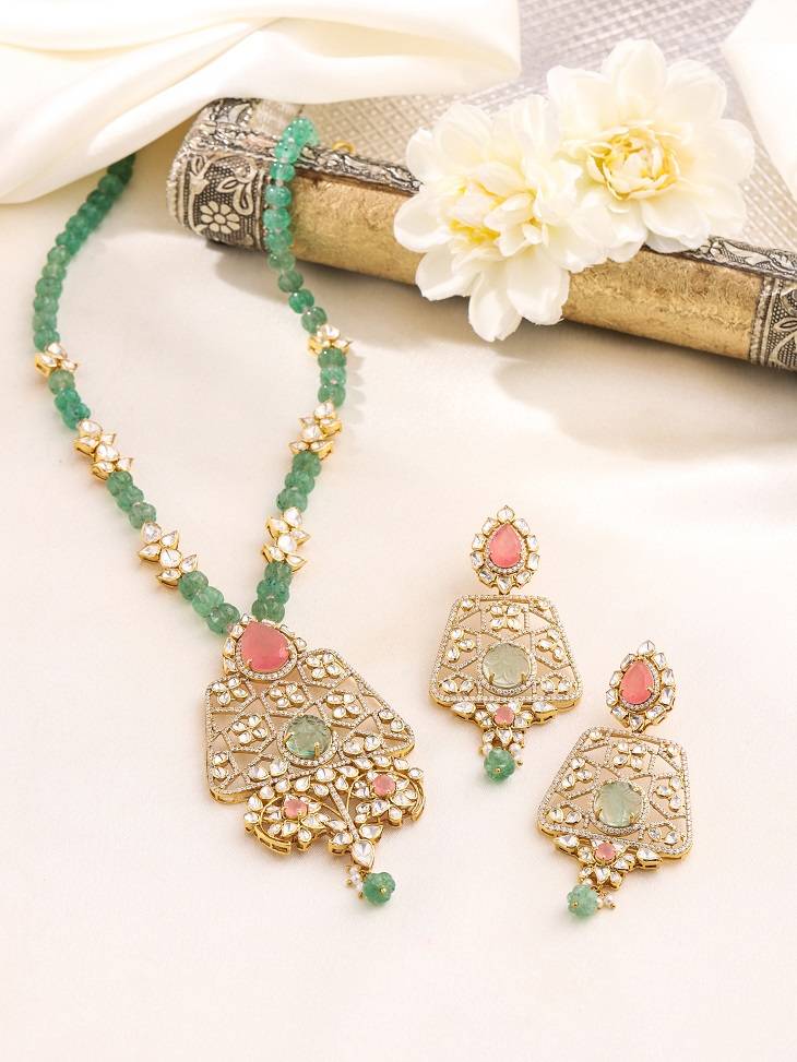 Kicky And Perky 925 Sterling Silver Gold Plated Pink Rose Quartz, Fluorite, Moissanite Polki With Strawberry Q : SILWNS003