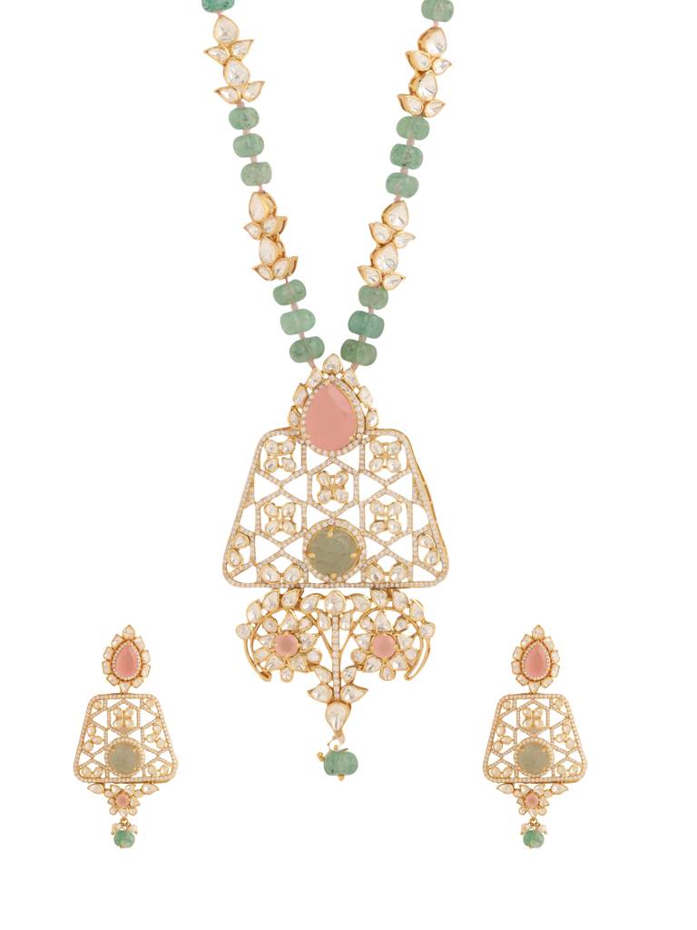 Kicky And Perky 925 Sterling Silver Gold Plated Pink Rose Quartz, Fluorite, Moissanite Polki With Strawberry Q : SILWNS003