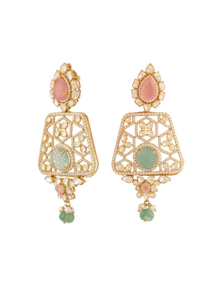 Kicky And Perky 925 Sterling Silver Gold Plated Pink Rose Quartz, Fluorite, Moissanite Polki With Strawberry Q : SILWNS003