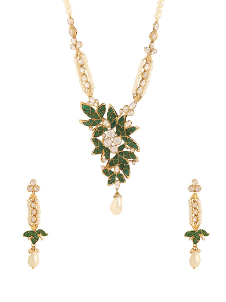 Kicky And Perky 925 Sterling Silver Gold Plated Floral Necklace Earrings Set Jewellery With Pearls And Moissan : SILWNS005