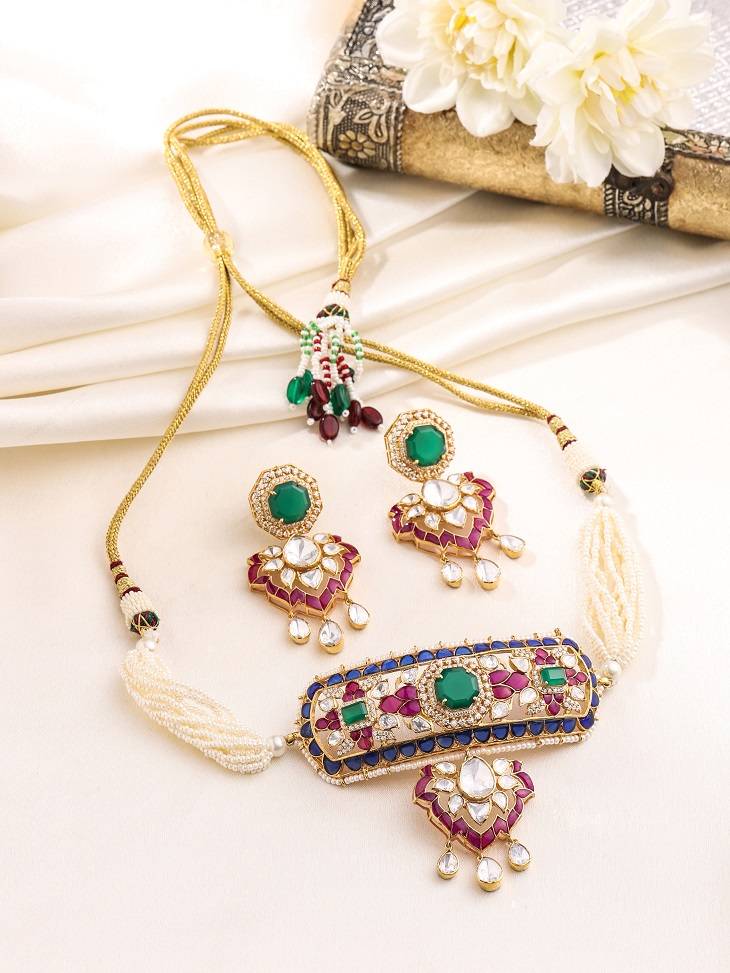 Kicky And Perky 925 Sterling Silver Gold Plated Rajputana Choker Necklace Earring Jewelry Set With Green Onyx, : SILWNS007
