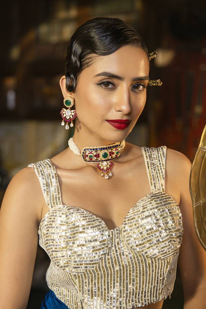 Kicky And Perky 925 Sterling Silver Gold Plated Rajputana Choker Necklace Earring Jewelry Set With Green Onyx, : SILWNS007