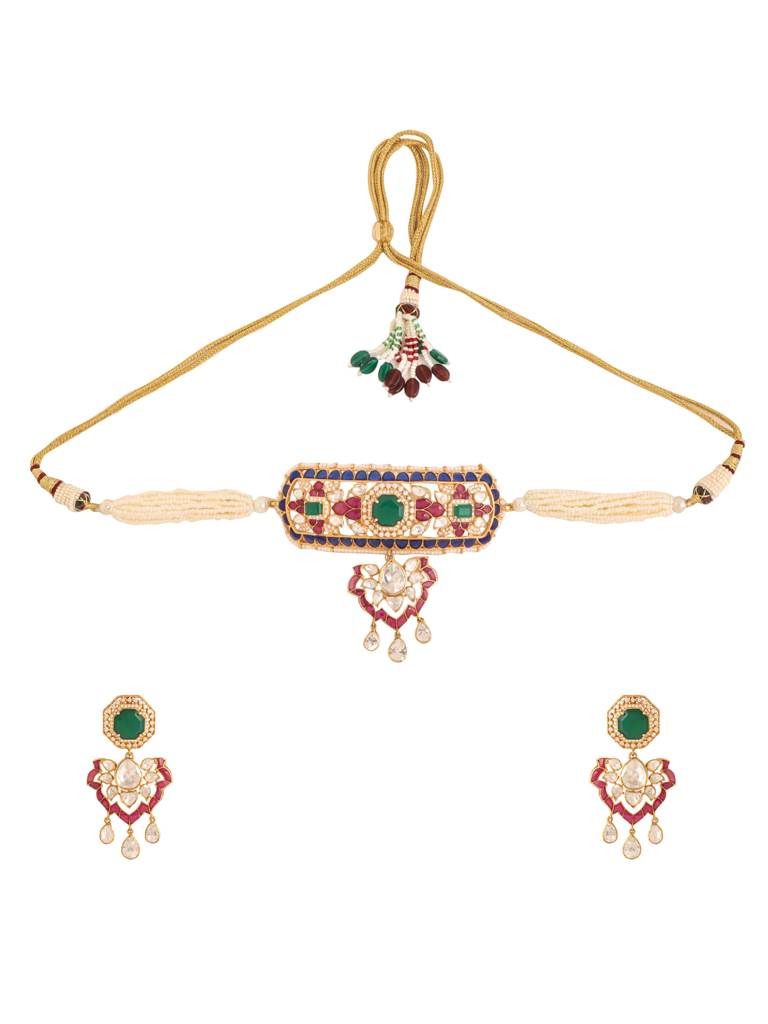 Kicky And Perky 925 Sterling Silver Gold Plated Rajputana Choker Necklace Earring Jewelry Set With Green Onyx, : SILWNS007
