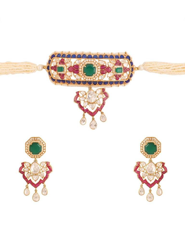 Kicky And Perky 925 Sterling Silver Gold Plated Rajputana Choker Necklace Earring Jewelry Set With Green Onyx, : SILWNS007