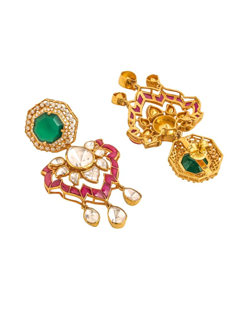 Kicky And Perky 925 Sterling Silver Gold Plated Rajputana Choker Necklace Earring Jewelry Set With Green Onyx, : SILWNS007