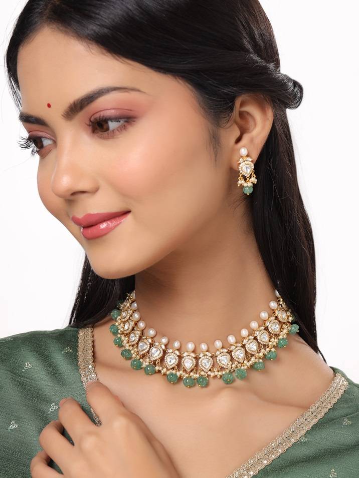 Kicky And Perky 925 Sterling Silver Gold Plated Necklace Earrings Set Moissanite Polki, Pearl And Strawberry Q : SILWNS008