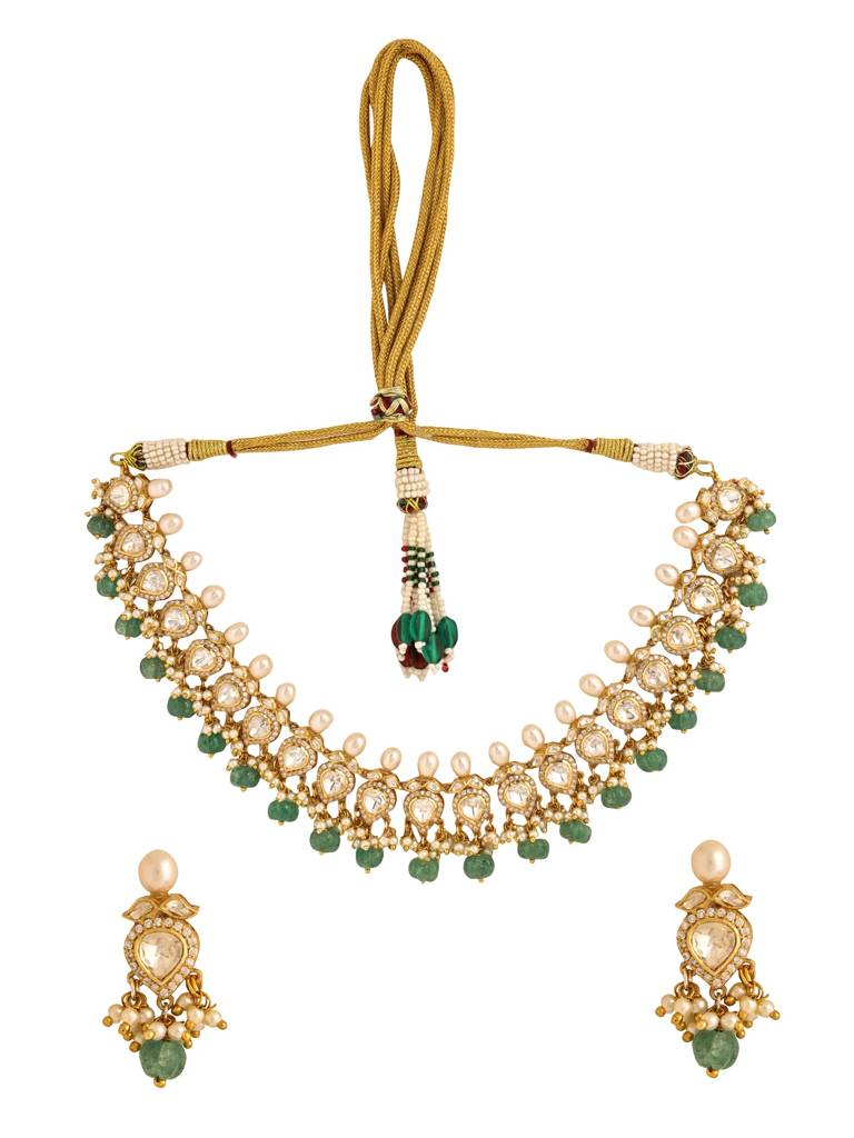 Kicky And Perky 925 Sterling Silver Gold Plated Necklace Earrings Set Moissanite Polki, Pearl And Strawberry Q : SILWNS008