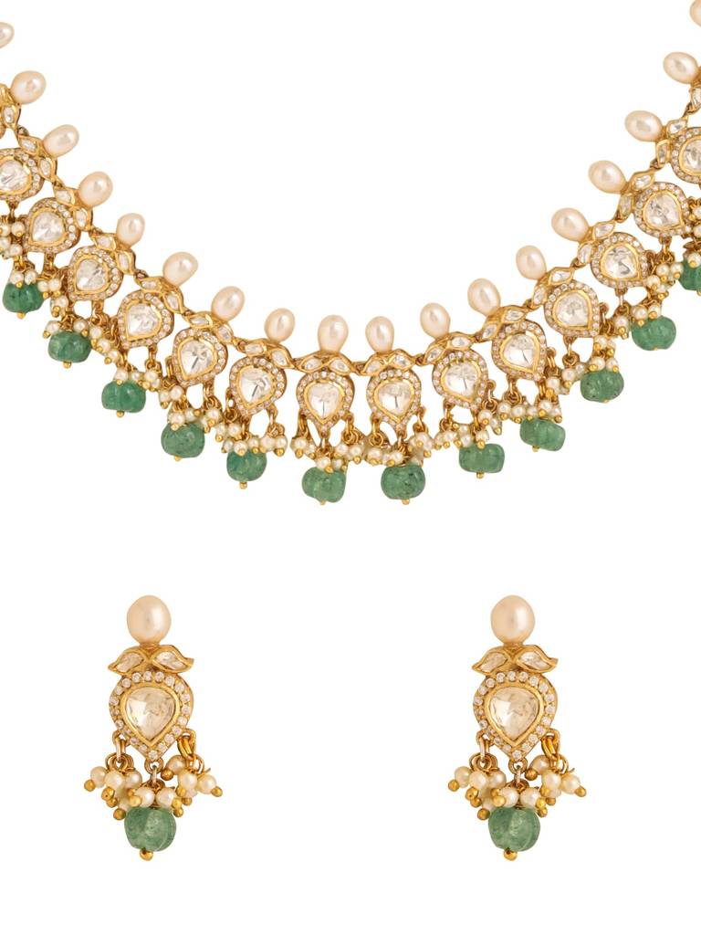 Kicky And Perky 925 Sterling Silver Gold Plated Necklace Earrings Set Moissanite Polki, Pearl And Strawberry Q : SILWNS008