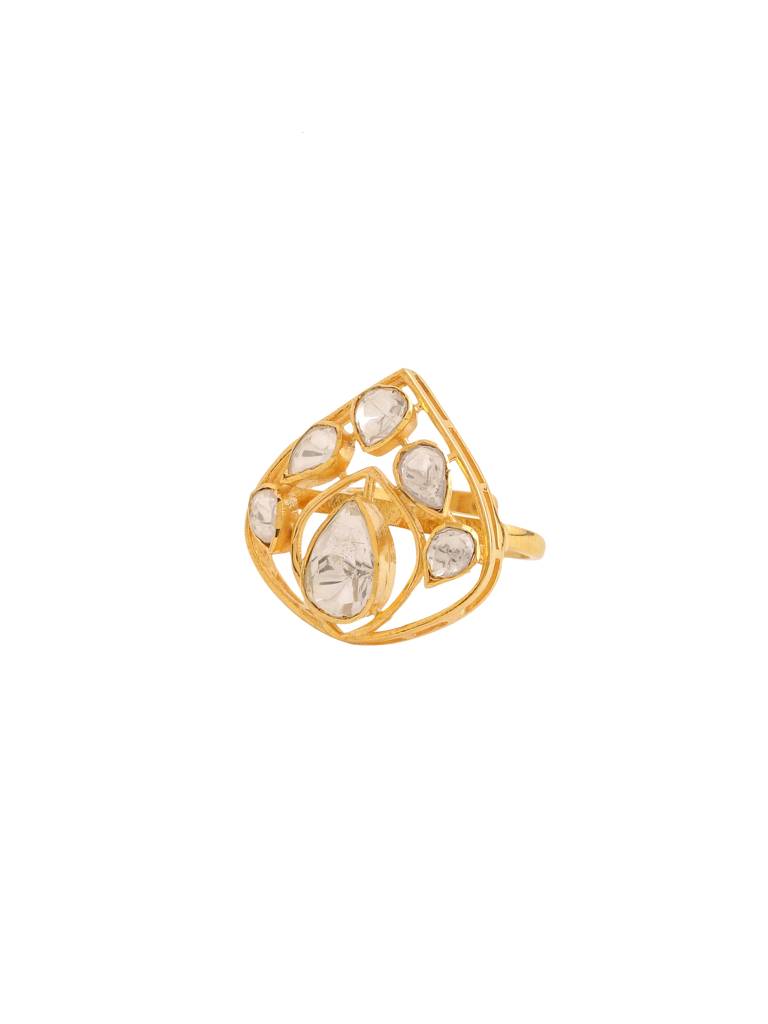 Kicky And Perky 925 Sterling Silver Gold Plated Heritage Ring With Moissanite Polki For Women : SILWR001