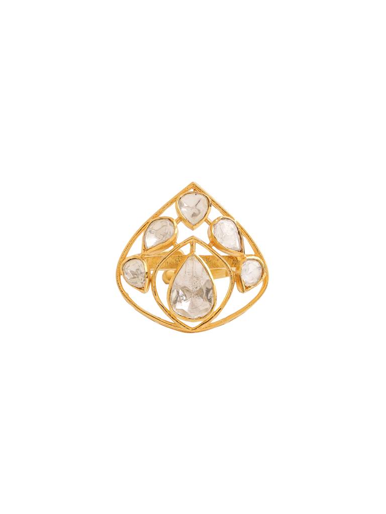 Kicky And Perky 925 Sterling Silver Gold Plated Heritage Ring With Moissanite Polki For Women : SILWR001