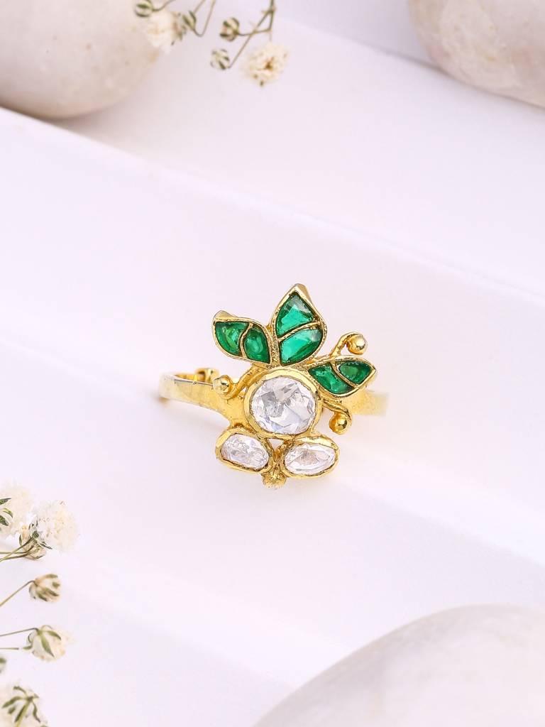 Kicky And Perky 925 Sterling Silver Gold Plated Royal Floral Ring Jewellery Moissanite Polki For Women : SILWR002