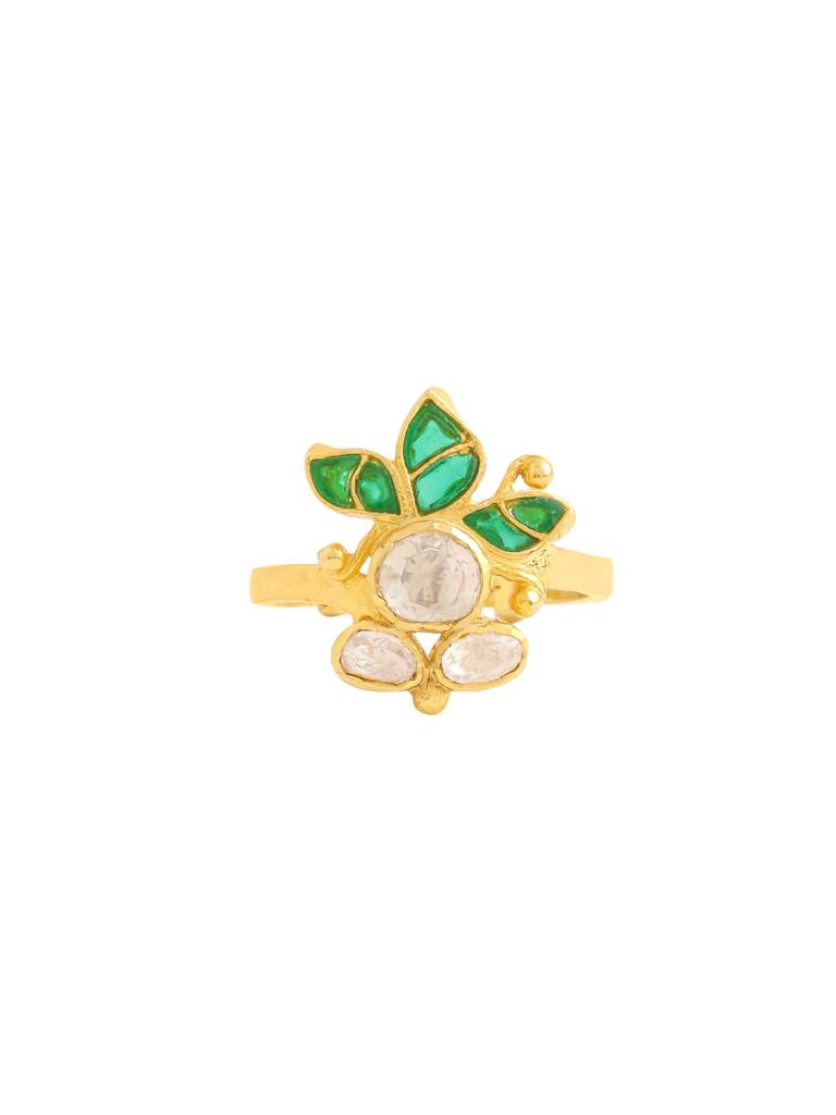 Kicky And Perky 925 Sterling Silver Gold Plated Royal Floral Ring Jewellery Moissanite Polki For Women : SILWR002