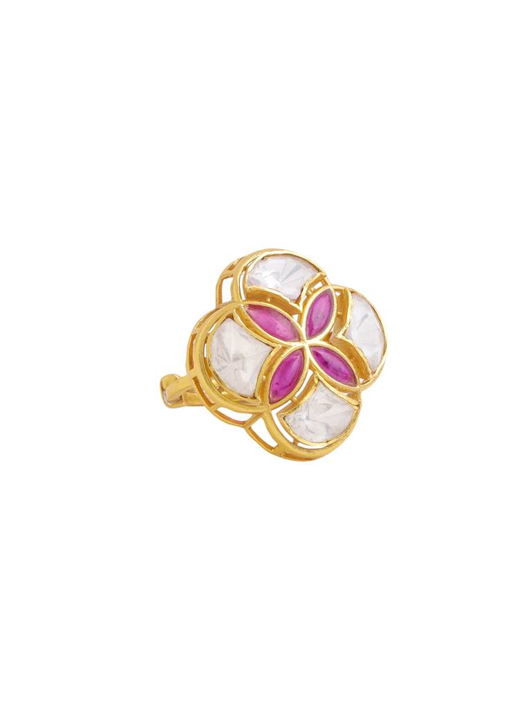 Kicky And Perky 925 Sterling Silver Gold Plated Floral Blossom Ring Jewellery With Moissanite Polki For Women : SILWR003