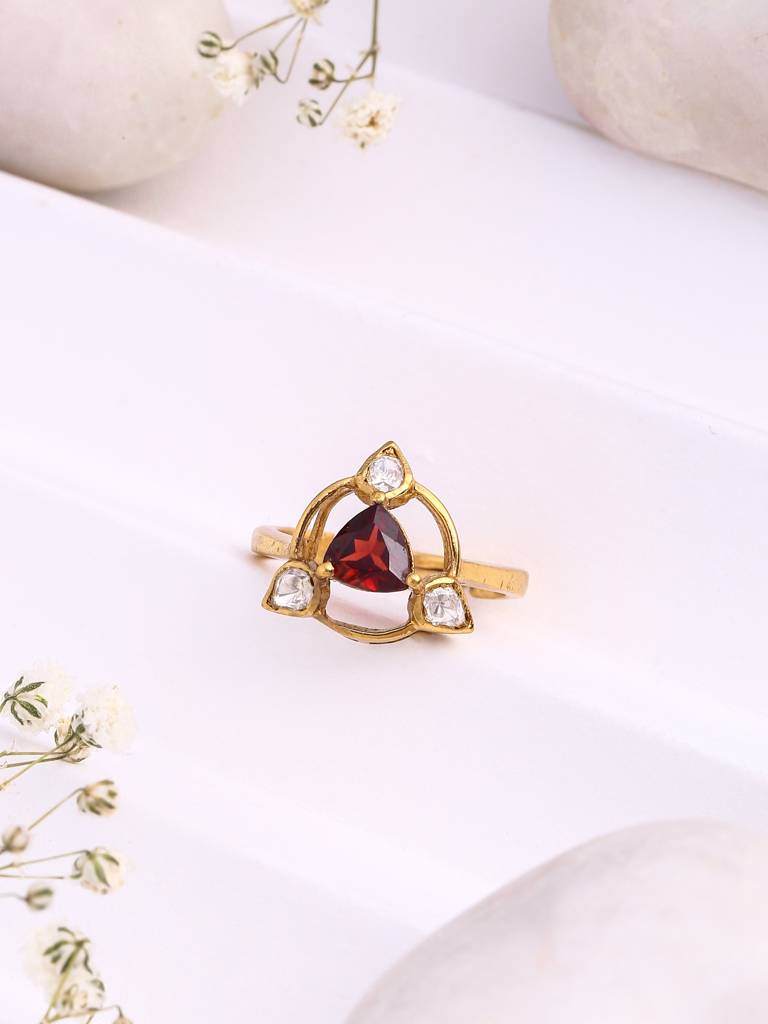 Kicky And Perky 925 Sterling Silver Gold Plated Royal Mughal Ring Jewellery Garnet And Moissanite Polki For Wo : SILWR004