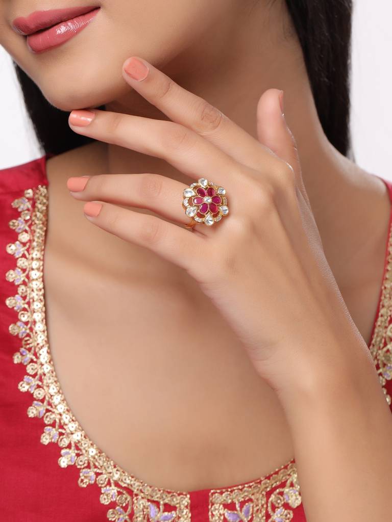 Kicky And Perky 925 Sterling Silver Gold Plated Floral Ring Jewellery Moissanite Polki For Women : SILWR005