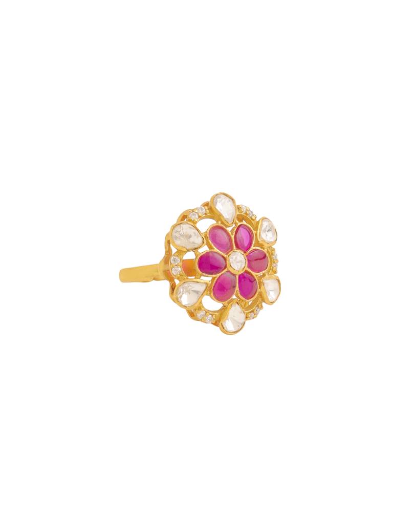 Kicky And Perky 925 Sterling Silver Gold Plated Floral Ring Jewellery Moissanite Polki For Women : SILWR005