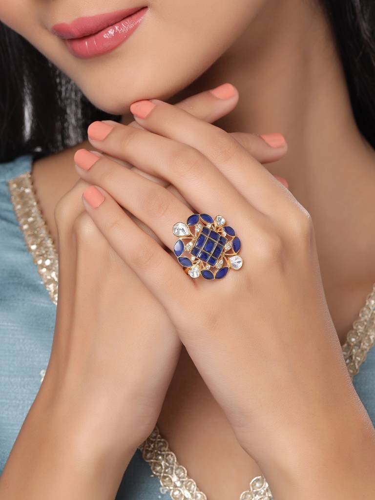 Kicky And Perky 925 Sterling Silver Gold Plated Moissanite Polki Ring Jewellery For Women : SILWR007