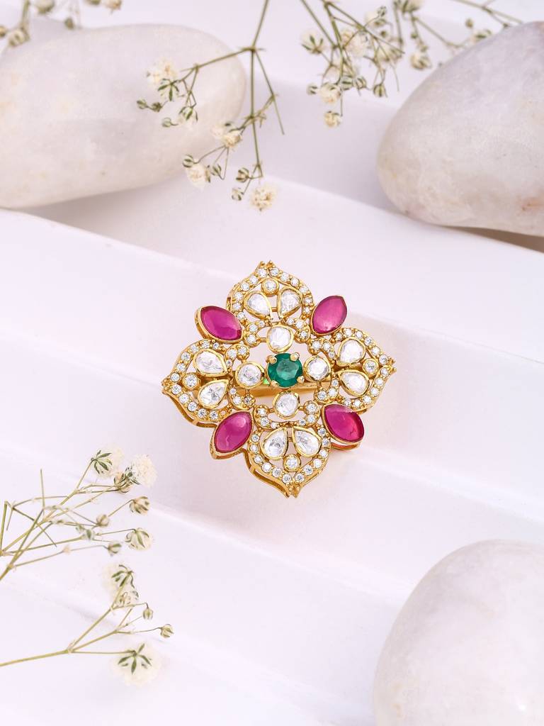 Kicky And Perky 925 Sterling Silver Gold Plated Ring Jewellery Green Onyx, Moissanite Polki For Women : SILWR008