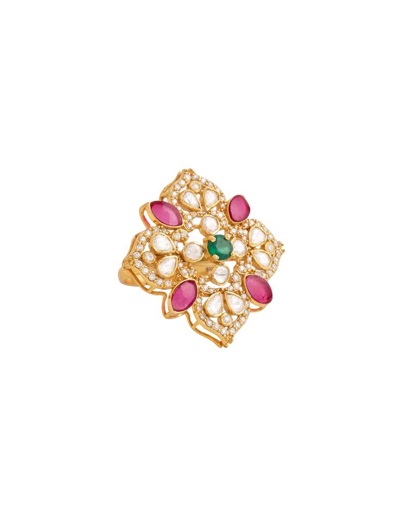 Kicky And Perky 925 Sterling Silver Gold Plated Ring Jewellery Green Onyx, Moissanite Polki For Women : SILWR008