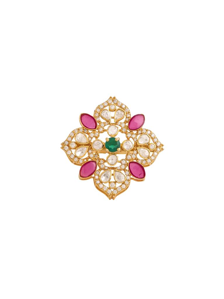 Kicky And Perky 925 Sterling Silver Gold Plated Ring Jewellery Green Onyx, Moissanite Polki For Women : SILWR008