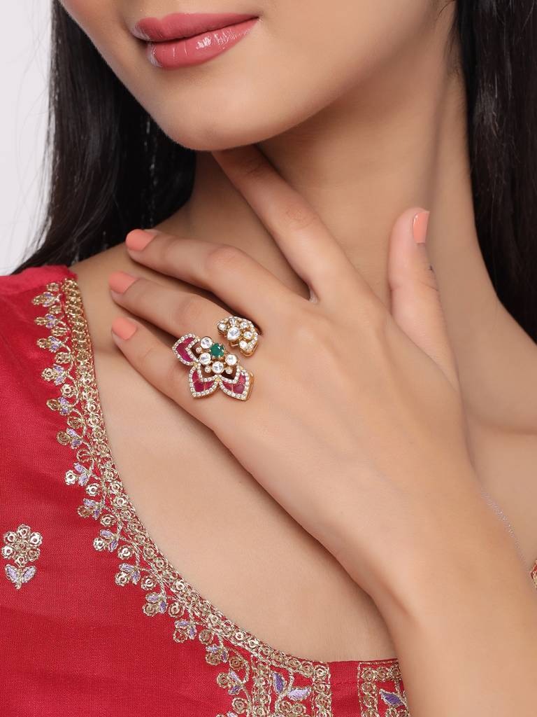 Kicky And Perky 925 Sterling Silver Gold Plated Floral Ring With Green Onyx And Moissanite Polki For Women : SILWR009
