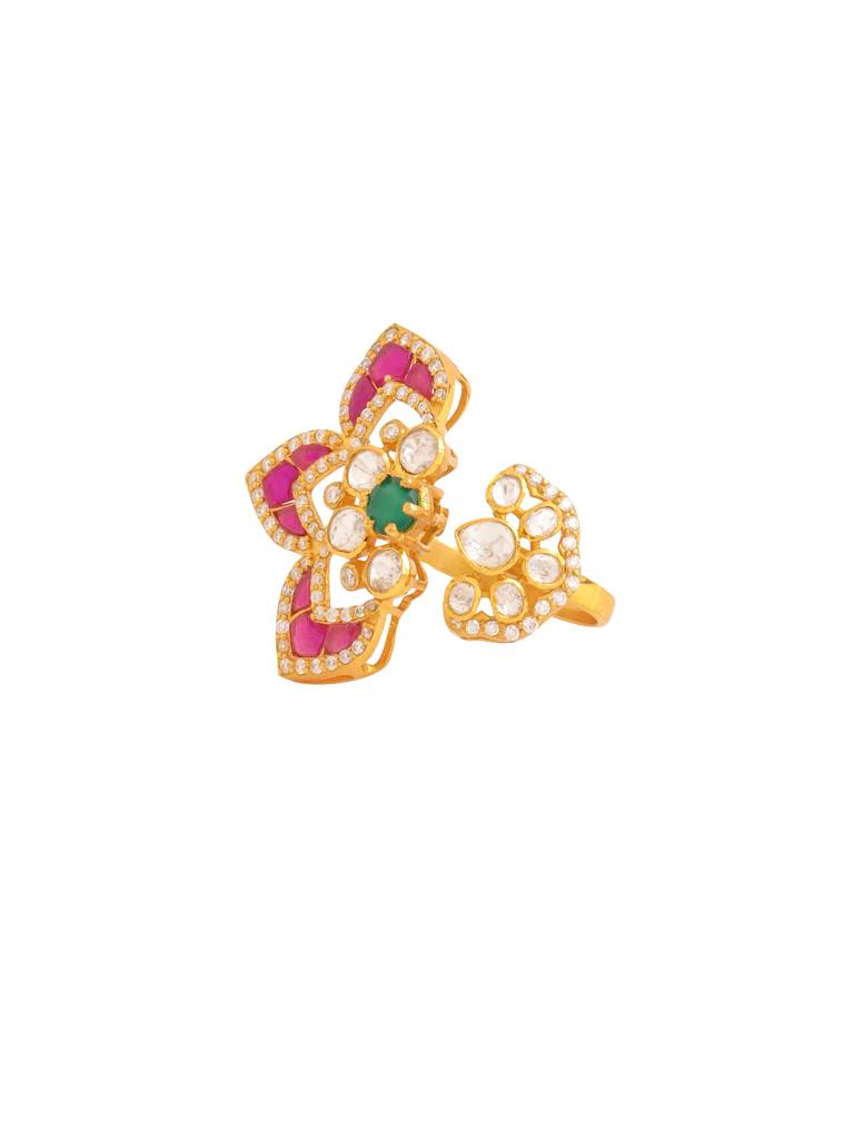 Kicky And Perky 925 Sterling Silver Gold Plated Floral Ring With Green Onyx And Moissanite Polki For Women : SILWR009
