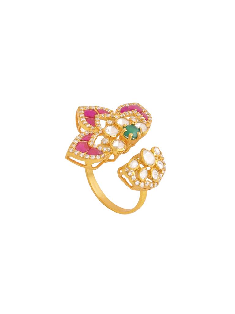 Kicky And Perky 925 Sterling Silver Gold Plated Floral Ring With Green Onyx And Moissanite Polki For Women : SILWR009
