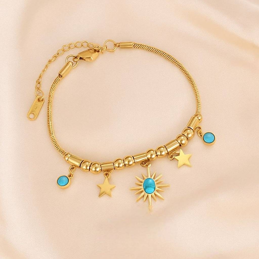 18K Gold Plated Anti-Tarnish Blue Star Drops Charm Bracelet : ATO0625B028GBL