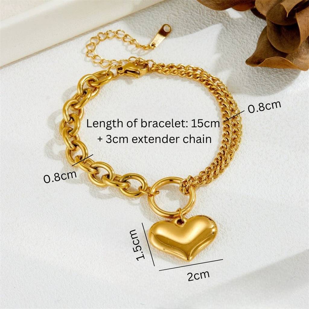 18K Gold Plated Waterproof Anti-Tarnish Heart Drop Chunky Chain Bracelet : ALL0725B120G
