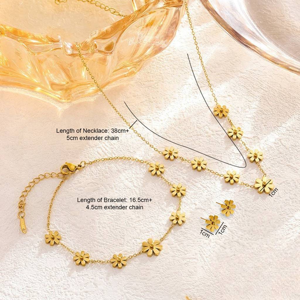 18K Gold Plated Waterproof Anti-Tarnish Floral Charm Necklace Bracelet & Stud (Pack Of 3) : ASJ0125NSB075C