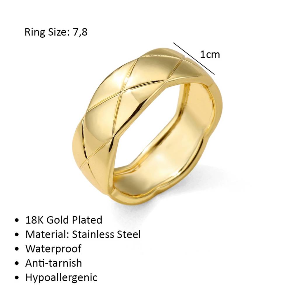 Mens 18K Gold Plated Waterproof Anti-Tarnish Bold Chunky Quilt Design Ring : AFC0125R097W_6_M